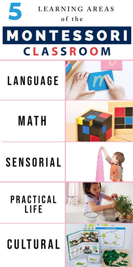Explore the five learning areas of the Montessori classroom with this helpful pinterest friendly infographic. data-pin-title=Five Areas of the Montessori Classroom